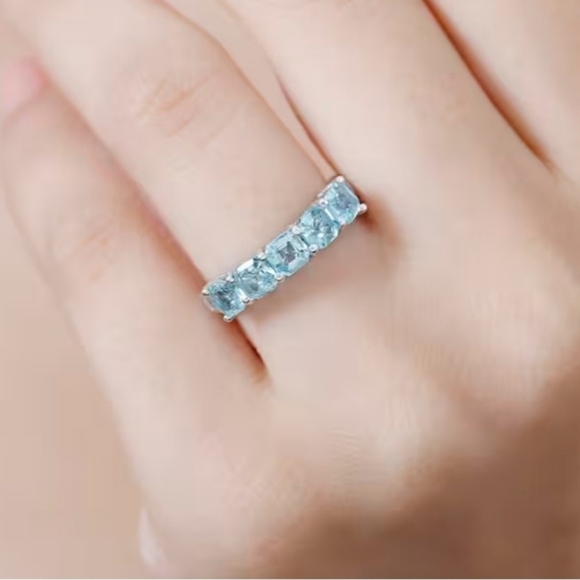 Genuine 5 Stone Apatite Ring Sterling Silver Rhodium Overlay Size 7! New - Picture 7 of 14